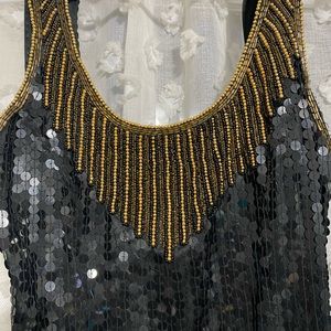 Vtg Laurence Kazar Black Gold Sequin Beaded Cutout Back Party Evening Dress S